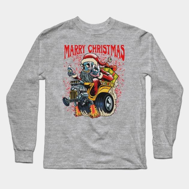 Xmas santa skull hotrod car fink Long Sleeve T-Shirt by piggybankstudio